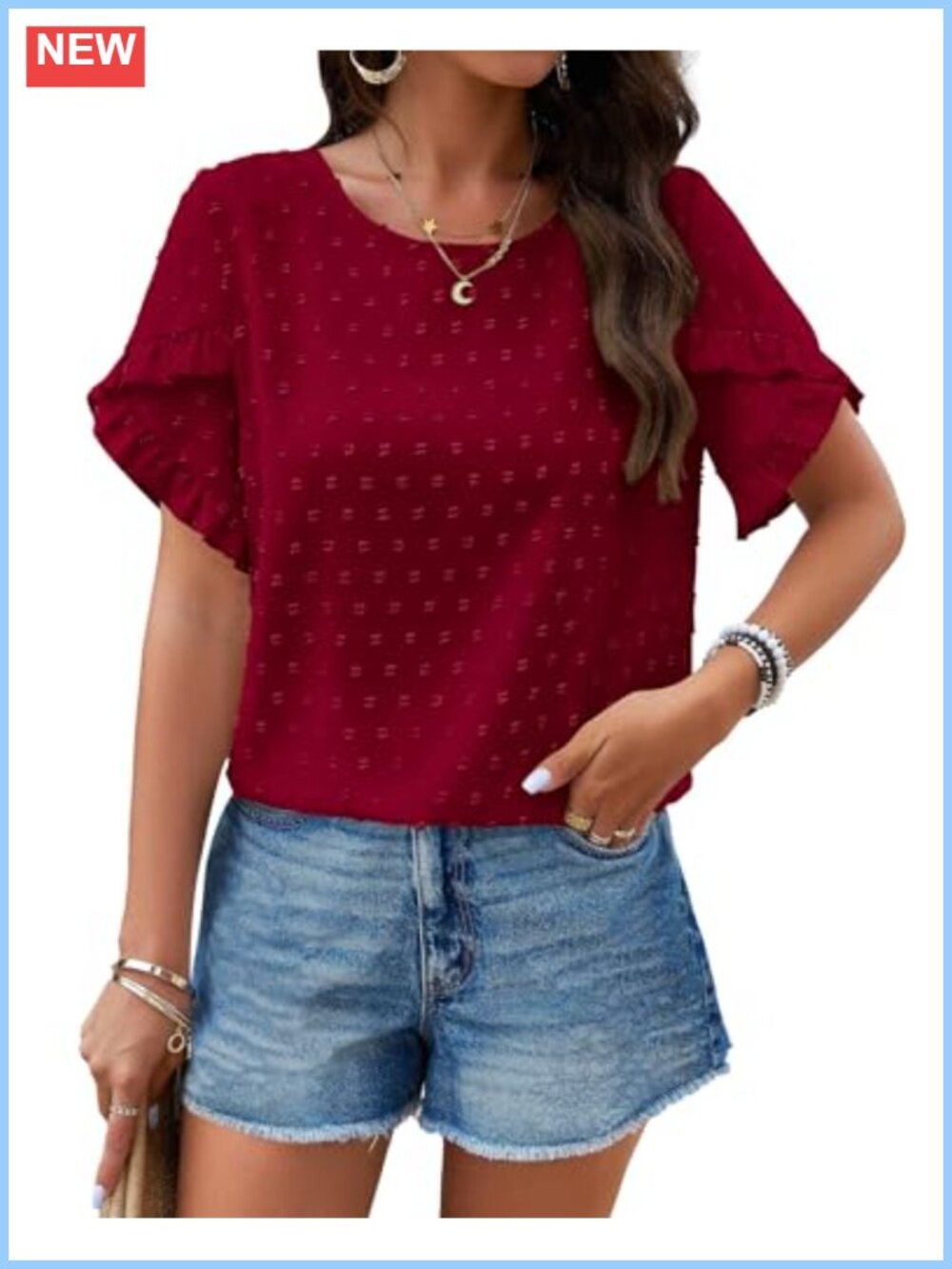 Women's Swiss Dot Ruffle Sleeve Tunic Top Crewneck Loose Fit Blouse